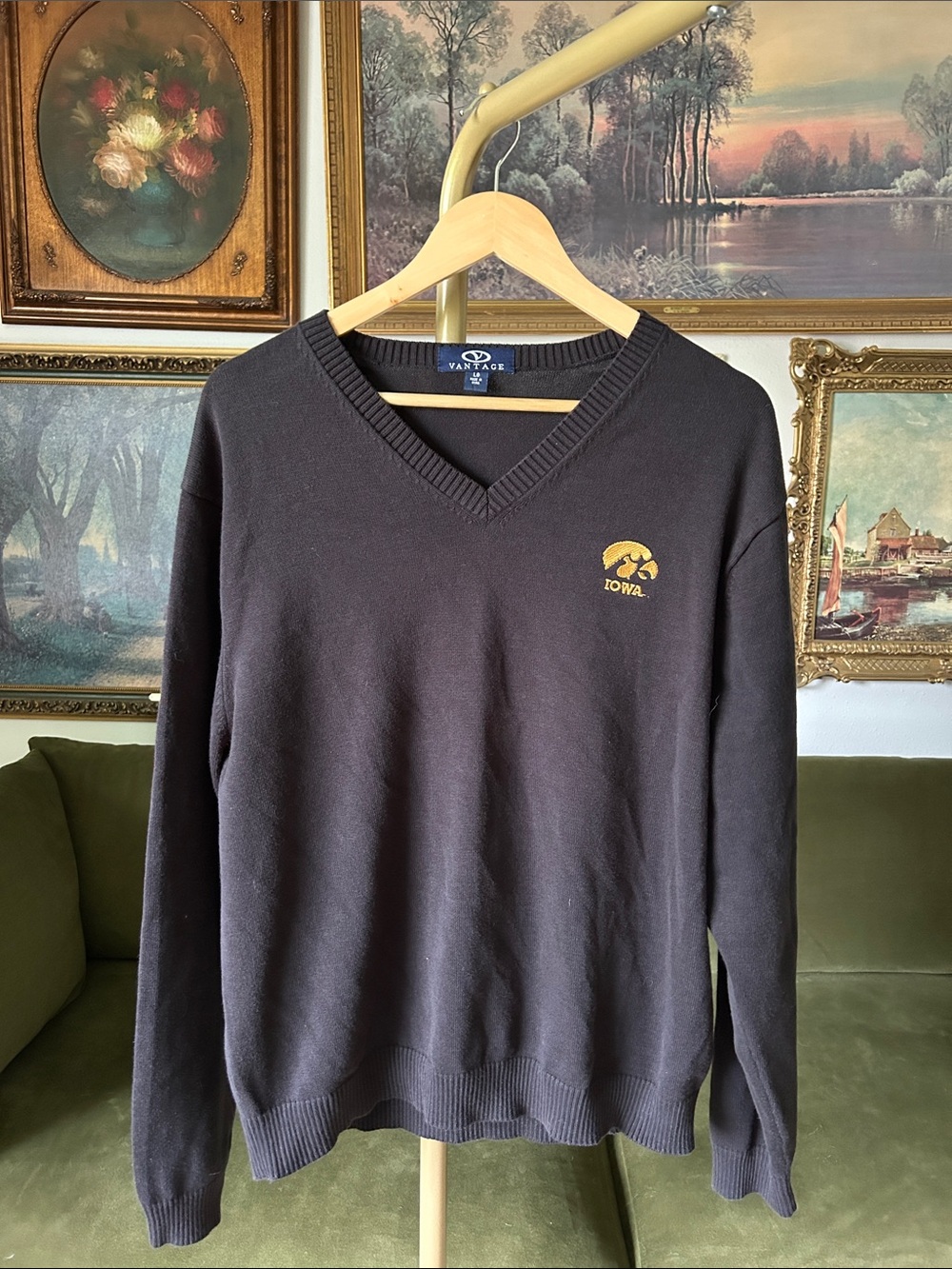 Vintage V Black V-Neck Sweater with Gold Iowa Hawkeye Logo